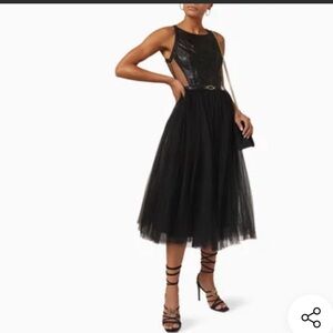 Black Tulle Midi Dress with Sheer Panel Bodice